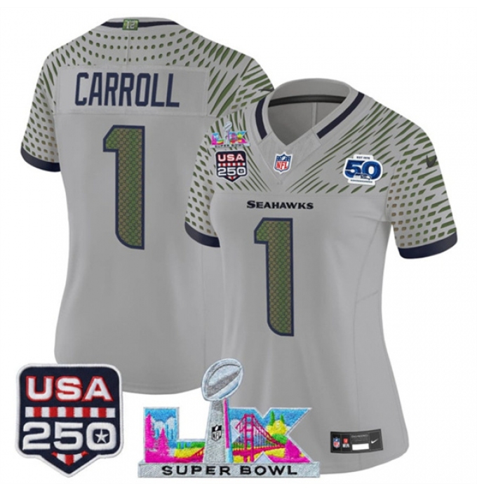 Women's Seattle Seahawks #1 Pete Carroll Gray 2025 F.U.S.E. Super Bowl LX & US 250th anniversary And 50th Season“Rivalries” Vapor Limited Football Stitched