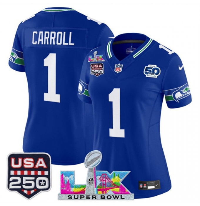 Women's Seattle Seahawks #1 Pete Carroll Royal 2025 F.U.S.E. Super Bowl LX And 50th Season & USA 250 Vapor Throwback Limited Stitched Football Jersey