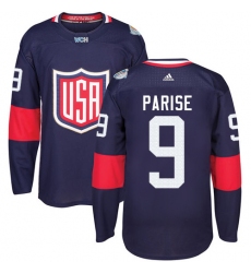 Youth Adidas Team USA #9 Zach Parise Premier Navy Blue Away 2016 World Cup Ice Hockey Jersey