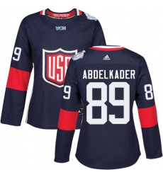 Women's Adidas Team USA #89 Justin Abdelkader Premier Navy Blue Away 2016 World Cup Hockey Jersey