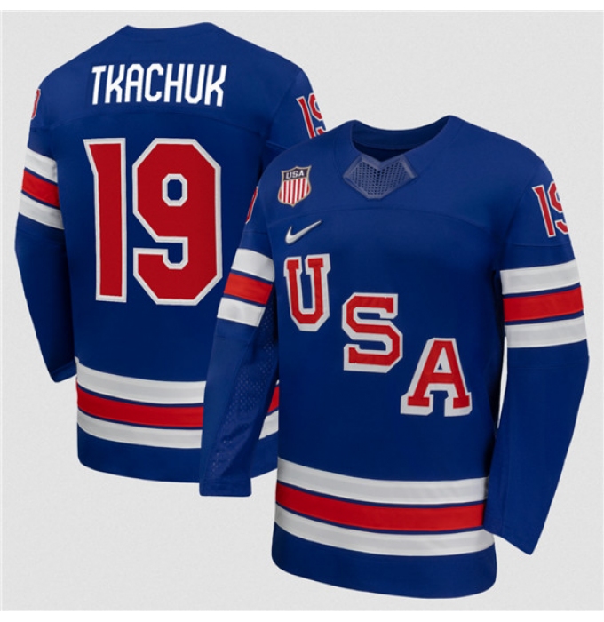 Men's USA #19 Matthew Tkachuk Royal 2026 Stitched Jersey