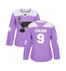 Women's St. Louis Blues #9 Shayne Corson Authentic Purple Fights Cancer Practice 2019 Stanley Cup Final Bound Hockey Jersey