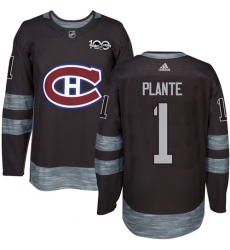 Men's Adidas Montreal Canadiens #1 Jacques Plante Authentic Black 1917-2017 100th Anniversary NHL Jersey
