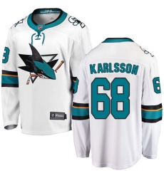 Youth San Jose Sharks #68 Melker Karlsson Fanatics Branded White Away Breakaway NHL Jersey