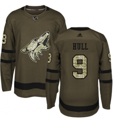 Men's Adidas Arizona Coyotes #9 Bobby Hull Authentic Green Salute to Service NHL Jersey