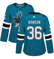 Women's Adidas San Jose Sharks #36 Jannik Hansen Premier Teal Green Home NHL Jersey