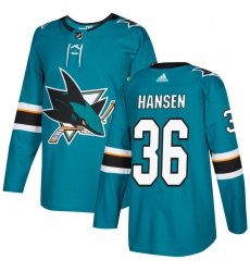 Youth Adidas San Jose Sharks #36 Jannik Hansen Premier Teal Green Home NHL Jersey