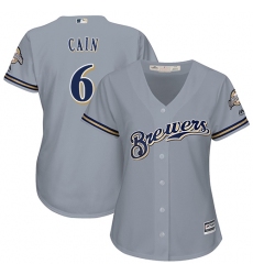 Women's Majestic Milwaukee Brewers #6 Lorenzo Cain Replica Grey Road Cool Base MLB Jersey