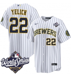 Men's Milwaukee Brewers #22 Christian Yelich White 2026 World Series Stitched Baseball Jersey