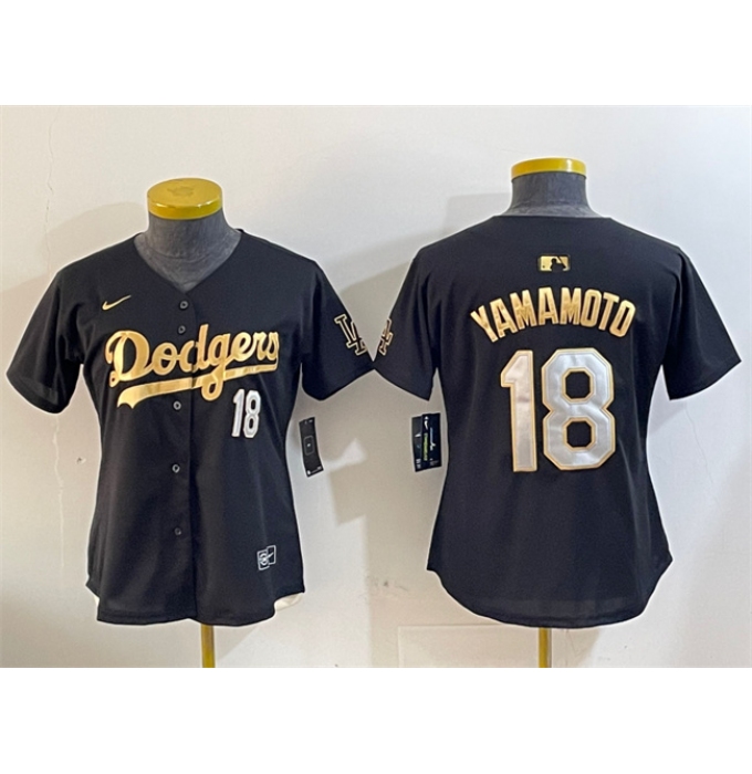 Women's Los Angeles Dodgers #18 Yoshinobu Yamamoto Black Gold Limited Stitched Baseball Jersey(Run Small)