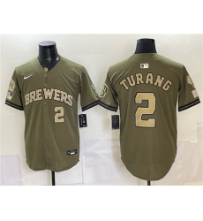 Men's Milwaukee Brewers #2 Brice Turang Olive 2026 Armed Forces Day Stitched Baseball Jersey