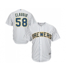 Men's Milwaukee Brewers #58 Alex Claudio Replica White Home Cool Base Baseball Jersey