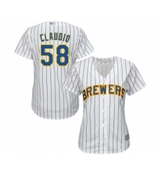 Women's Milwaukee Brewers #58 Alex Claudio Replica White Home Cool Base Baseball Jersey