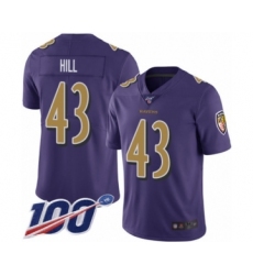 Men's Baltimore Ravens #43 Justice Hill Limited Purple Rush Vapor Untouchable 100th Season Football Jersey