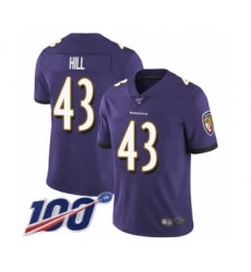 Men's Baltimore Ravens #43 Justice Hill Purple Team Color Vapor Untouchable Limited Player 100th Season Football Jersey