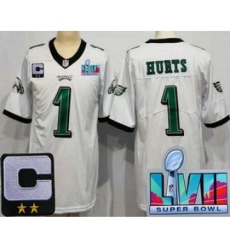 Men's Philadelphia Eagles #1 Jalen Hurts Limited White C Patch Super Bowl LVII Vapor Jersey