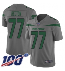 Men's New York Jets #77 Mekhi Becton Gray Stitched Limited Inverted Legend 100th Season Jersey