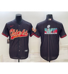 Men's Kansas City Chiefs Black With Super Bowl LVII Big Logo Cool Base Stitched Baseball Jersey