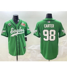 Men's Philadelphia Eagles #98 Jalen Carter Green 2025 Super Bowl LIX And 3-Star C Stitched Baseball Jersey