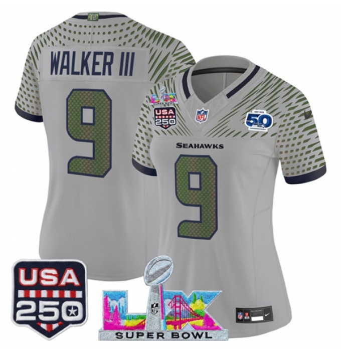 Women's Seattle Seahawks #9 Kenneth Walker III Gray 2025 F.U.S.E. Super Bowl LX & US 250th anniversary And 50th Season“Rivalries” Vapor Limited Football St