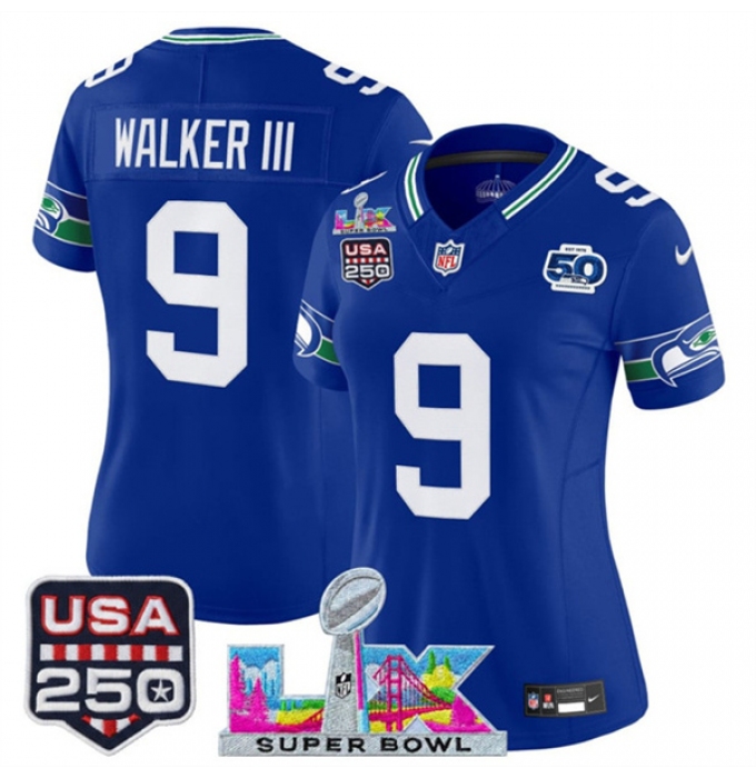 Women's Seattle Seahawks #9 Kenneth Walker III Royal 2025 F.U.S.E. Super Bowl LX And 50th Season & USA 250 Vapor Throwback Limited Stitched Football Jersey