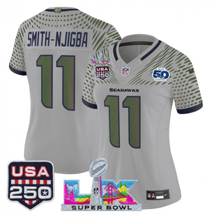 Women's Seattle Seahawks #11 Jaxon Smith-Njigba Gray 2025 F.U.S.E. Super Bowl LX & US 250th anniversary And 50th Season“Rivalries” Vapor Limited Football S