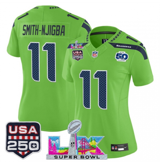 Women's Seattle Seahawks #11 Jaxon Smith-Njigba Green 2025 F.U.S.E. Super Bowl LX And 50th Season & USA 250 Vapor Limited Football Stitched Jersey