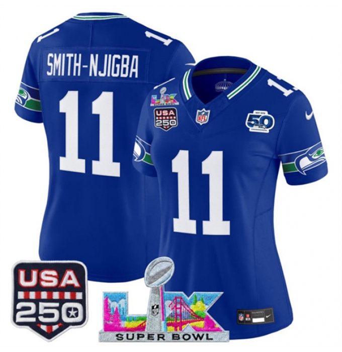 Women's Seattle Seahawks #11 Jaxon Smith-Njigba Royal 2025 F.U.S.E. Super Bowl LX And 50th Season & USA 250 Vapor Throwback Limited Stitched Football Jerse