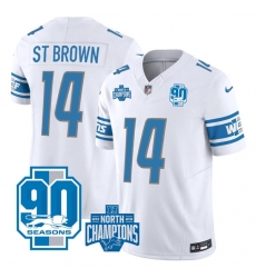 Men's Detroit Lions #14 Amon-Ra St. Brown White 2023 90th Anniversary North Division Champions Limited Stitched Jersey