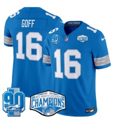 Men's Detroit Lions #16 Jared Goff Blue 2024 NFC North Champions 90th Anniversary F.U.S.E. Vapor Limited Stitched Jersey Men's Detroit Lions #16 Jared Goff Blue 2024 NFC North Champions 90th Anniversary F.U.S.E. Vapor Limited Stitched Jersey