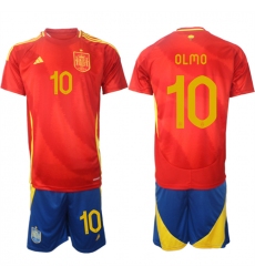 Men's Spain Team #10 Olmo 2024-25 Red Home Soccer Jersey Suit