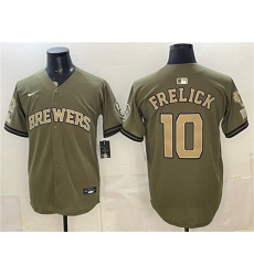 Men's Milwaukee Brewers #10 Sal Frelick Olive 2026 Armed Forces Day Stitched Baseball Jersey