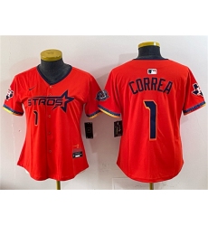 Women's Houston Astros #1 Carlos Correa Orange 2025 City Connect With Texas Patch Limited Stitched Baseball Jersey(Run Small)