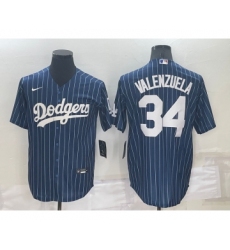 Men's Los Angeles Dodgers #34 Fernando Valenzuela Navy Blue Pinstripe Stitched MLB Cool Base Nike Jersey