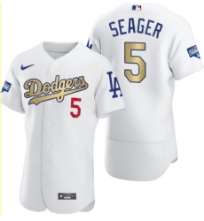 Men's Los Angeles Dodgers #5 Corey Seager Olive Gold 2020 World Series Champions Authentic Jersey