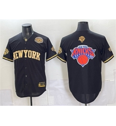 Men's New York Knicks Team Big Logo Black Gold 2026 Finals & Eastern Conference Champions Stitched Baseball Jersey