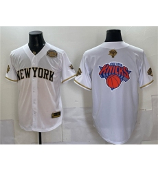 Men's New York Knicks Team Big Logo White Gold 2026 Finals & Eastern Conference Champions Stitched Baseball Jersey