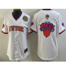 Women's New York Knicks Team Big Logo White 2026 Finals Eastern Conference Champions Stitched Baseball Jersey