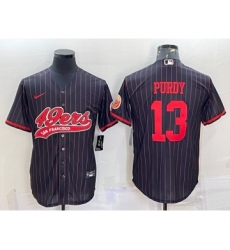 Men's San Francisco 49ers #13 Brock Purdy Black Pinstripe With Patch Cool Base Stitched Baseball Jersey Men's San Francisco 49ers #13 Brock Purdy Black Pinstripe With Patch Cool Base Stitched Baseball Jersey