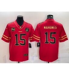 Men's Kansas City Chiefs #15 Patrick Mahomes Red Gold With C Patch Stitched Football Jersey