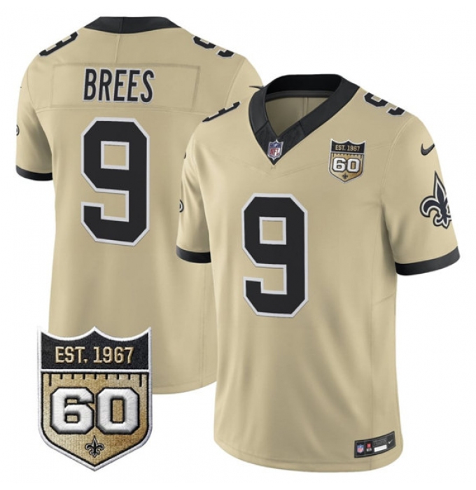 Men's New Orleans Saints #9 Drew Brees Gold 2026 F.U.S.E 60th Anniversary Vapor Limited Football Stitched Jersey
