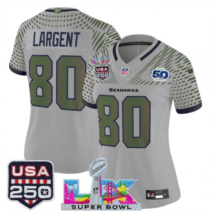 Women's Seattle Seahawks #80 Steve Largent Gray 2025 F.U.S.E. Super Bowl LX & US 250th anniversary And 50th Season “Rivalries” Vapor Limited Football Stitc