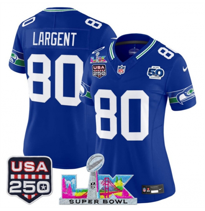 Women's Seattle Seahawks #80 Steve Largent Royal 2025 F.U.S.E. Super Bowl LX And 50th Season & USA 250 Vapor Throwback Limited Stitched Football Je Jersey