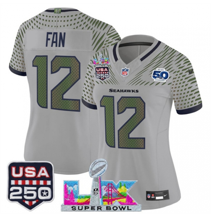 Women's Seattle Seahawks #12 Fan Gray 2025 F.U.S.E. Super Bowl LX & US 250th anniversary And 50th Season“Rivalries” Vapor Limited Football Stitched Jersey