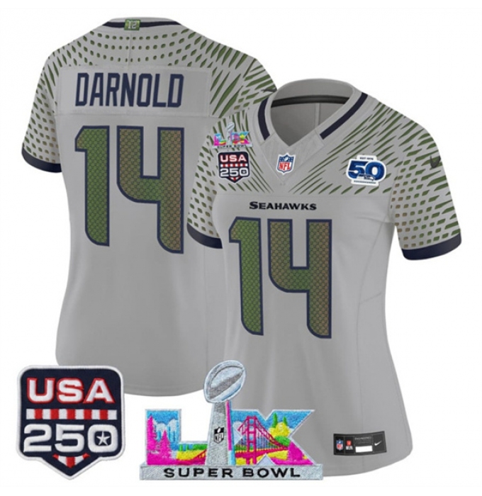 Women's Seattle Seahawks #14 Sam Darnold Gray 2025 F.U.S.E. Super Bowl LX & US 250th anniversary And 50th Season“Rivalries” Vapor Limited Football Stitched