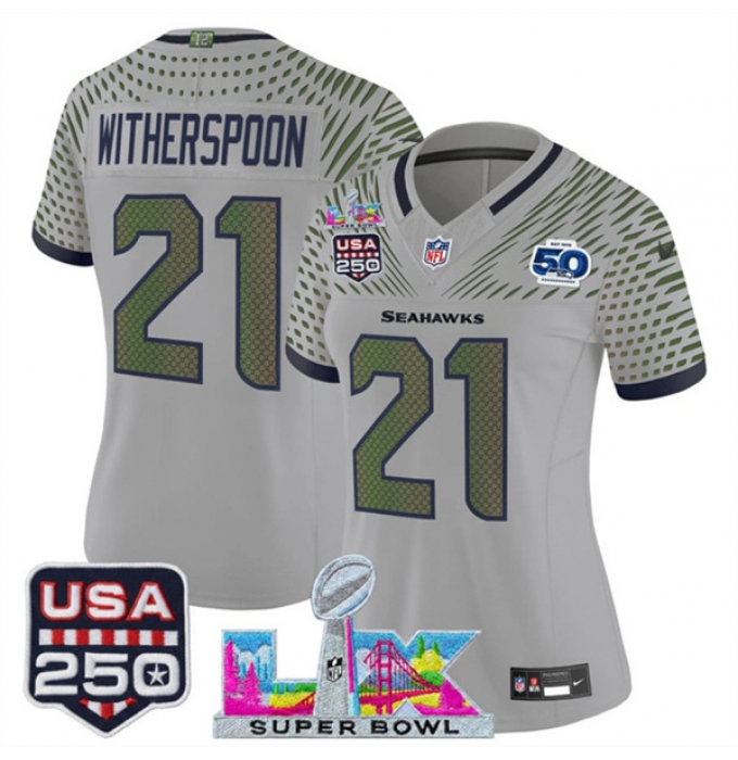 Women's Seattle Seahawks #21 Devon Witherspoon Gray 2025 F.U.S.E. Super Bowl LX & US 250th anniversary And 50th Season“Rivalries” Vapor Limited Football St