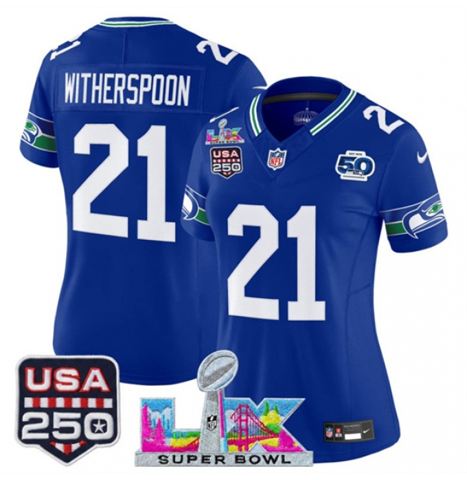 Women's Seattle Seahawks #21 Devon Witherspoon Royal 2025 F.U.S.E. Super Bowl LX And 50th Season & USA 250 Vapor Throwback Limited Stitched Football Jersey