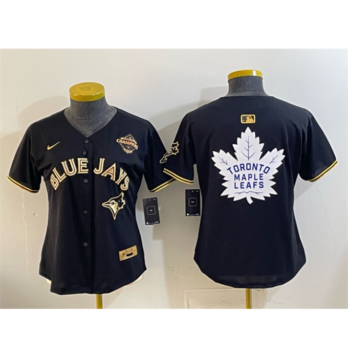 Women's Toronto Blue Jays & Leafs Black Gold 2025 American League Champions With White Leafs Logo Limited Stitched Baseball Jersey(Run Small)