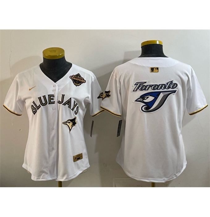 Women's Toronto Blue Jays Team Big Logo White Gold 2025 American League Champions Limited Stitched Baseball Jersey(Run Small)