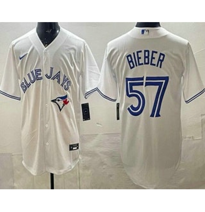 Men's Toronto Blue Jays #57 Shane Bieber White Cool Base Jersey